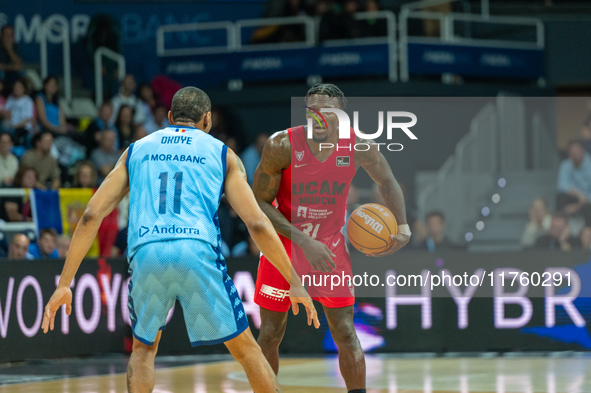 Dylan Ennis of UCAM Murcia is in action during the Liga Endesa 2024-2025 match between Morabanc Andorra and UCAM Murcia at Poliesportiu d'An...