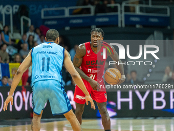 Dylan Ennis of UCAM Murcia is in action during the Liga Endesa 2024-2025 match between Morabanc Andorra and UCAM Murcia at Poliesportiu d'An...