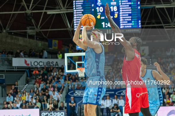 Players are in action during the Liga Endesa 2024-2025 match between Morabanc Andorra and UCAM Murcia at Poliesportiu d'Andorra in Andorra L...