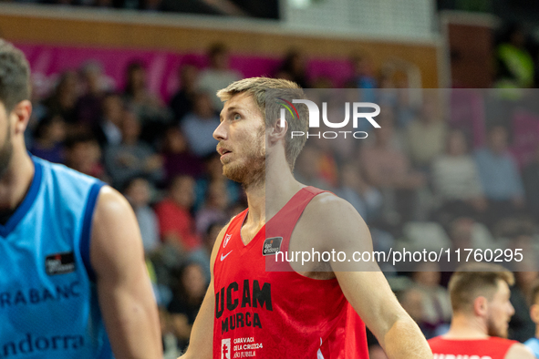 Players are in action during the Liga Endesa 2024-2025 match between Morabanc Andorra and UCAM Murcia at Poliesportiu d'Andorra in Andorra L...