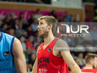 Players are in action during the Liga Endesa 2024-2025 match between Morabanc Andorra and UCAM Murcia at Poliesportiu d'Andorra in Andorra L...