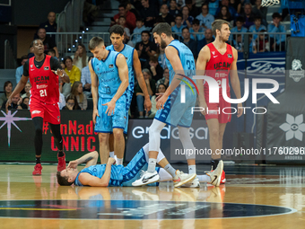 Players are in action during the Liga Endesa 2024-2025 match between Morabanc Andorra and UCAM Murcia at Poliesportiu d'Andorra in Andorra L...