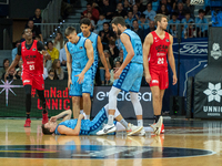 Players are in action during the Liga Endesa 2024-2025 match between Morabanc Andorra and UCAM Murcia at Poliesportiu d'Andorra in Andorra L...