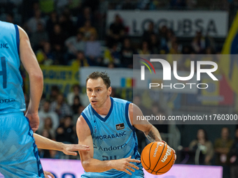 Players are in action during the Liga Endesa 2024-2025 match between Morabanc Andorra and UCAM Murcia at Poliesportiu d'Andorra in Andorra L...