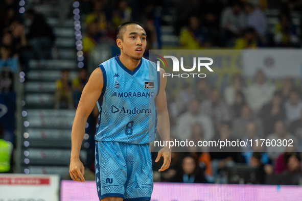 Players are in action during the Liga Endesa 2024-2025 match between Morabanc Andorra and UCAM Murcia at Poliesportiu d'Andorra in Andorra L...