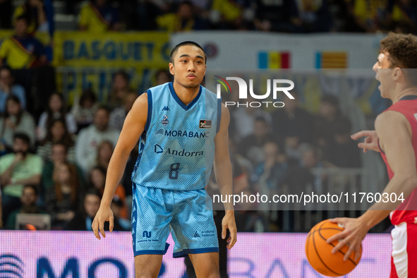 Players are in action during the Liga Endesa 2024-2025 match between Morabanc Andorra and UCAM Murcia at Poliesportiu d'Andorra in Andorra L...