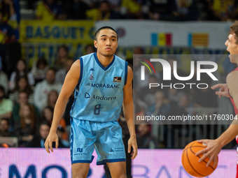 Players are in action during the Liga Endesa 2024-2025 match between Morabanc Andorra and UCAM Murcia at Poliesportiu d'Andorra in Andorra L...