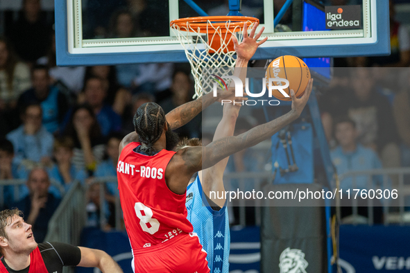 Players are in action during the Liga Endesa 2024-2025 match between Morabanc Andorra and UCAM Murcia at Poliesportiu d'Andorra in Andorra L...