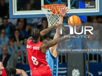 Players are in action during the Liga Endesa 2024-2025 match between Morabanc Andorra and UCAM Murcia at Poliesportiu d'Andorra in Andorra L...