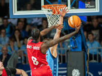 Players are in action during the Liga Endesa 2024-2025 match between Morabanc Andorra and UCAM Murcia at Poliesportiu d'Andorra in Andorra L...