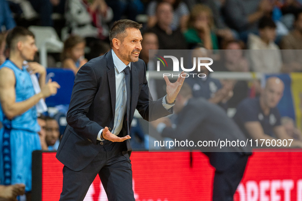 Players are in action during the Liga Endesa 2024-2025 match between Morabanc Andorra and UCAM Murcia at Poliesportiu d'Andorra in Andorra L...