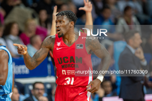 Players are in action during the Liga Endesa 2024-2025 match between Morabanc Andorra and UCAM Murcia at Poliesportiu d'Andorra in Andorra L...