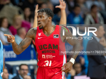 Players are in action during the Liga Endesa 2024-2025 match between Morabanc Andorra and UCAM Murcia at Poliesportiu d'Andorra in Andorra L...