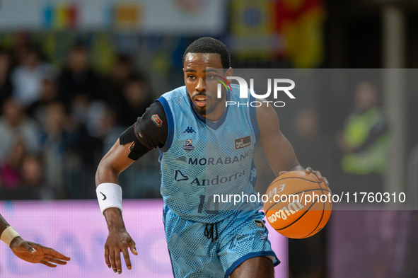 Players are in action during the Liga Endesa 2024-2025 match between Morabanc Andorra and UCAM Murcia at Poliesportiu d'Andorra in Andorra L...