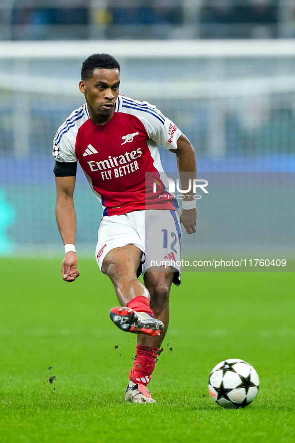 Jurrien Timber of Arsenal during the UEFA Champions League 2024/25 League Phase MD4 match between FC Internazionale and Arsenal at Stadio Sa...