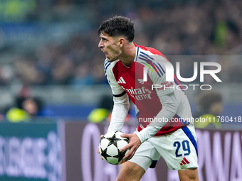 Kai Havertz of Arsenal reacts during the UEFA Champions League 2024/25 League Phase MD4 match between FC Internazionale and Arsenal at Stadi...