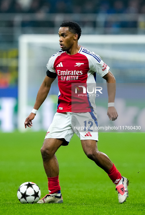 Jurrien Timber of Arsenal during the UEFA Champions League 2024/25 League Phase MD4 match between FC Internazionale and Arsenal at Stadio Sa...