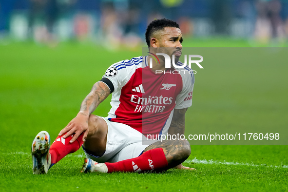 Gabriel Jesus of Arsenal lies detected in the pitch during the UEFA Champions League 2024/25 League Phase MD4 match between FC Internazional...