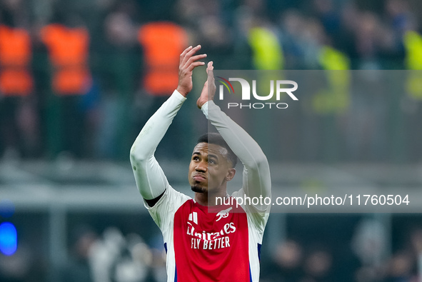 Gabriel of Arsenal greets the fans during the UEFA Champions League 2024/25 League Phase MD4 match between FC Internazionale and Arsenal at...