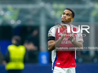 Jurrien Timber of Arsenal greets the fans during the UEFA Champions League 2024/25 League Phase MD4 match between FC Internazionale and Arse...