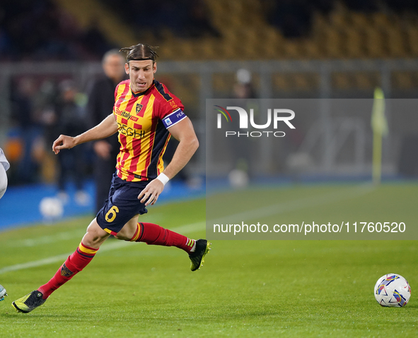 Federico Baschirotto of US Lecce is in action during the Serie A match between US Lecce and Empoli in Lecce, Italy, on November 8, 2024. 