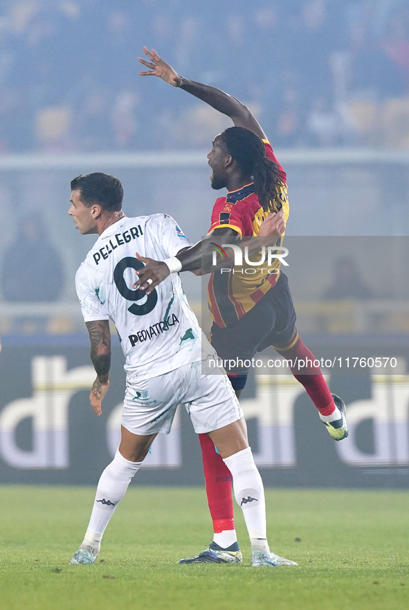 Pietro Pellegri of Empoli FC is in action during the Serie A match between US Lecce and Empoli in Lecce, Italy, on November 8, 2024. 