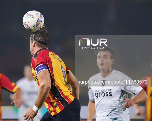 Federico Baschirotto of US Lecce is in action during the Serie A match between US Lecce and Empoli in Lecce, Italy, on November 8, 2024. 