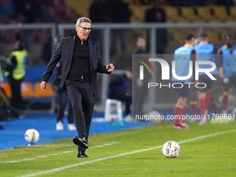 Luca Gotti, head coach of US Lecce, watches the Serie A match between US Lecce and Empoli in Lecce, Italy, on November 8, 2024. (