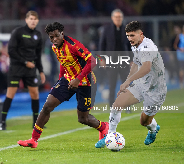 Patrick Dorgu of US Lecce is in action during the Serie A match between US Lecce and Empoli in Lecce, Italy, on November 8, 2024. 