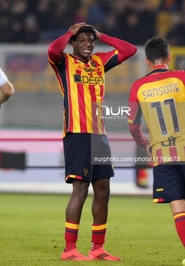 Patrick Dorgu of US Lecce is in action during the Serie A match between US Lecce and Empoli in Lecce, Italy, on November 8, 2024. 