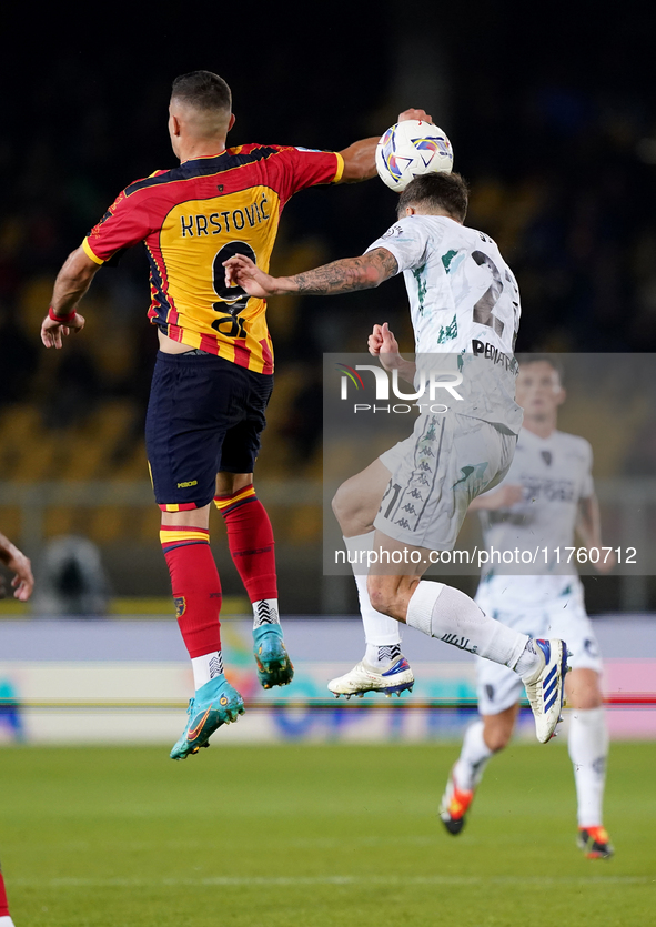 Nikola Krstovic of US Lecce is in action during the Serie A match between US Lecce and Empoli in Lecce, Italy, on November 8, 2024. 