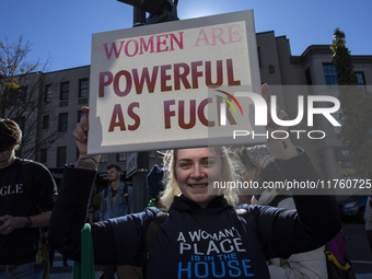 Abortion rights activists gather in front of the Heritage Foundation building during the Women's March in Washington DC, on November 9, 2024...