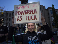 Abortion rights activists gather in front of the Heritage Foundation building during the Women's March in Washington DC, on November 9, 2024...