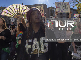 Abortion rights activists gather in front of the Heritage Foundation building during the Women's March in Washington DC, on November 9, 2024...