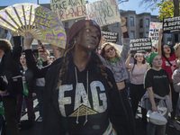 Abortion rights activists gather in front of the Heritage Foundation building during the Women's March in Washington DC, on November 9, 2024...