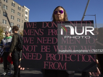 Abortion rights activists gather in front of the Heritage Foundation building during the Women's March in Washington DC, on November 9, 2024...