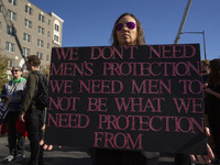 Abortion rights activists gather in front of the Heritage Foundation building during the Women's March in Washington DC, on November 9, 2024...