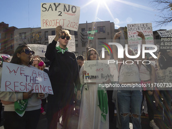 Abortion rights activists gather in front of the Heritage Foundation building during the Women's March in Washington DC, on November 9, 2024...