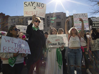 Abortion rights activists gather in front of the Heritage Foundation building during the Women's March in Washington DC, on November 9, 2024...