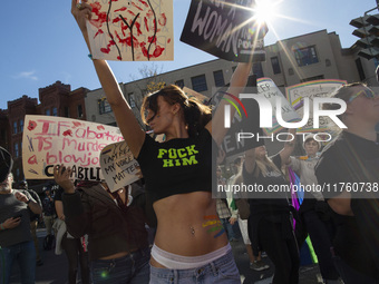 Abortion rights activists gather in front of the Heritage Foundation building during the Women's March in Washington DC, on November 9, 2024...