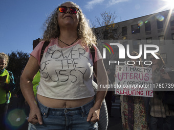 Abortion rights activists gather in front of the Heritage Foundation building during the Women's March in Washington DC, on November 9, 2024...