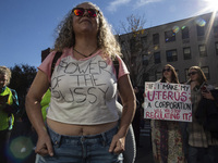 Abortion rights activists gather in front of the Heritage Foundation building during the Women's March in Washington DC, on November 9, 2024...