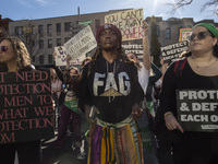 Abortion rights activists gather in front of the Heritage Foundation building during the Women's March in Washington DC, on November 9, 2024...