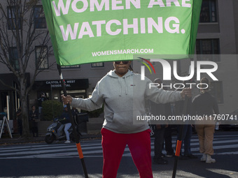 Abortion rights activists gather in front of the Heritage Foundation building during the Women's March in Washington DC, on November 9, 2024...