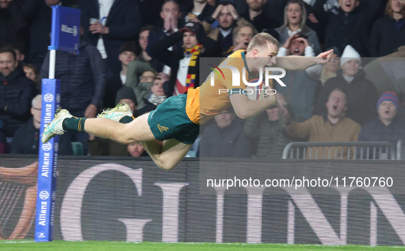 Australia's Max Jorgensen (Balmain Wolves) scores the winning try during the Autumn Nations Series between England and Australia (Wallabies)...