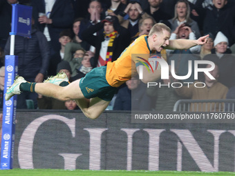 Australia's Max Jorgensen (Balmain Wolves) scores the winning try during the Autumn Nations Series between England and Australia (Wallabies)...