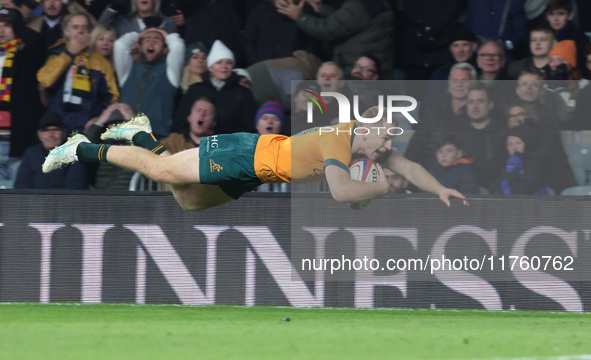 Australia's Max Jorgensen (Balmain Wolves) scores the winning try during the Autumn Nations Series between England and Australia (Wallabies)...