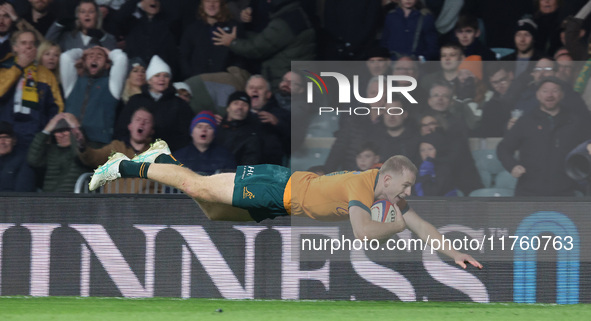 Australia's Max Jorgensen (Balmain Wolves) scores the winning try during the Autumn Nations Series between England and Australia (Wallabies)...