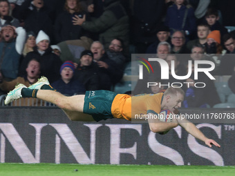 Australia's Max Jorgensen (Balmain Wolves) scores the winning try during the Autumn Nations Series between England and Australia (Wallabies)...