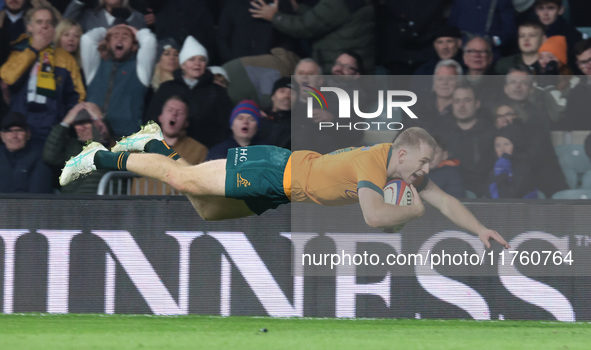 Australia's Max Jorgensen (Balmain Wolves) scores the winning try during the Autumn Nations Series between England and Australia (Wallabies)...